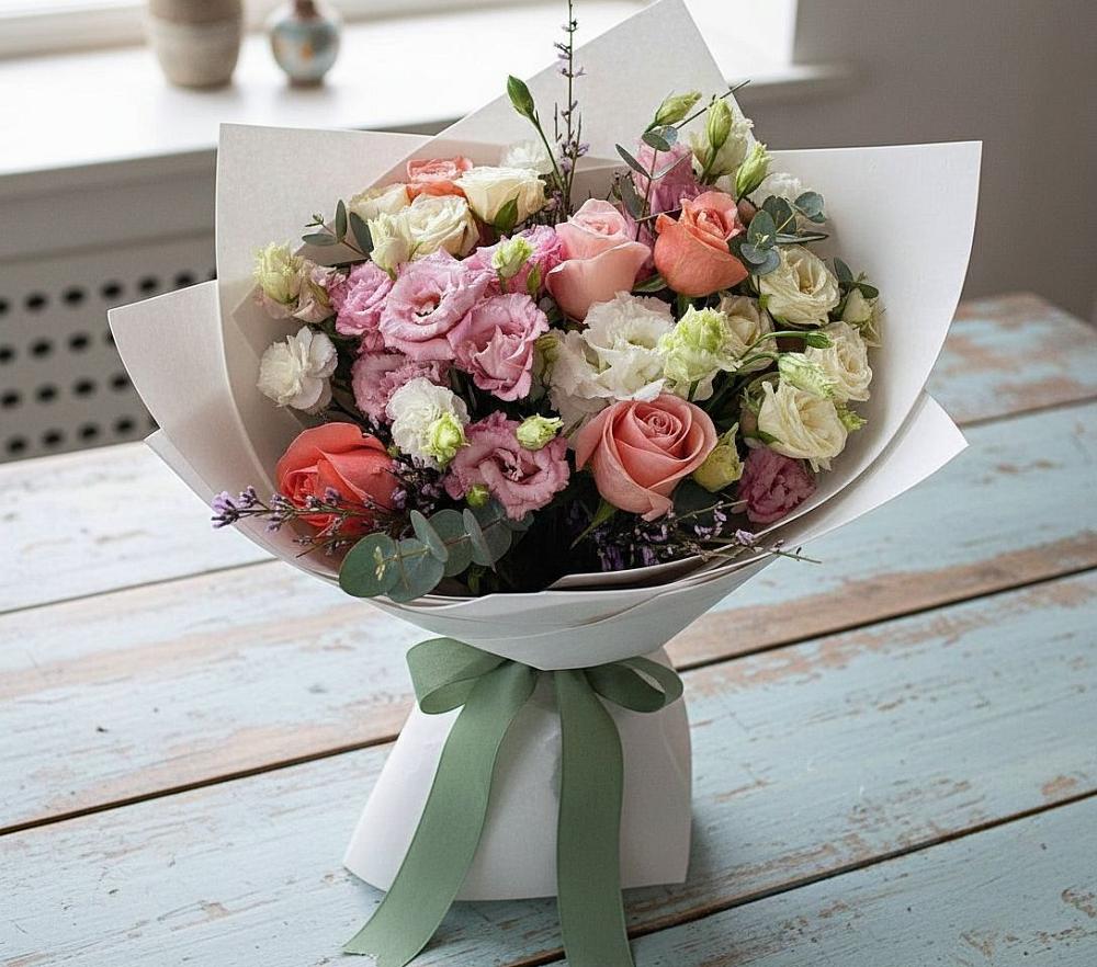 Букет цветов из: Розы, Лизиантусы и Гвоздики в Кошехабль