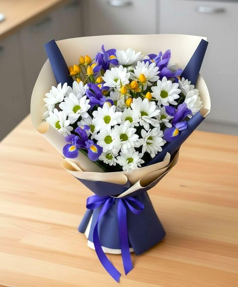 Букет цветов из: Розы, Ирисы и Хризантемы в Кошехабль